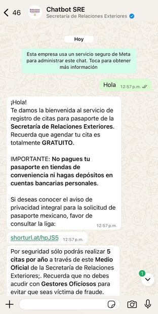 Así luce el chatbot de la SRE en WhatsApp. Foto: Captura de pantalla