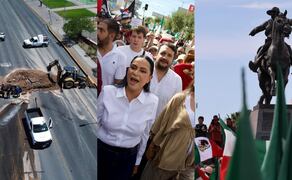 Bloqueo en una vialidad de Chihuahua, la dirigente nacional de Morena, Ariadna Montiel, el secretario de organización morenista Andrés Manuel López Beltran, y la glorieta de Pancho Villa. Fotos: X @A_MontielR