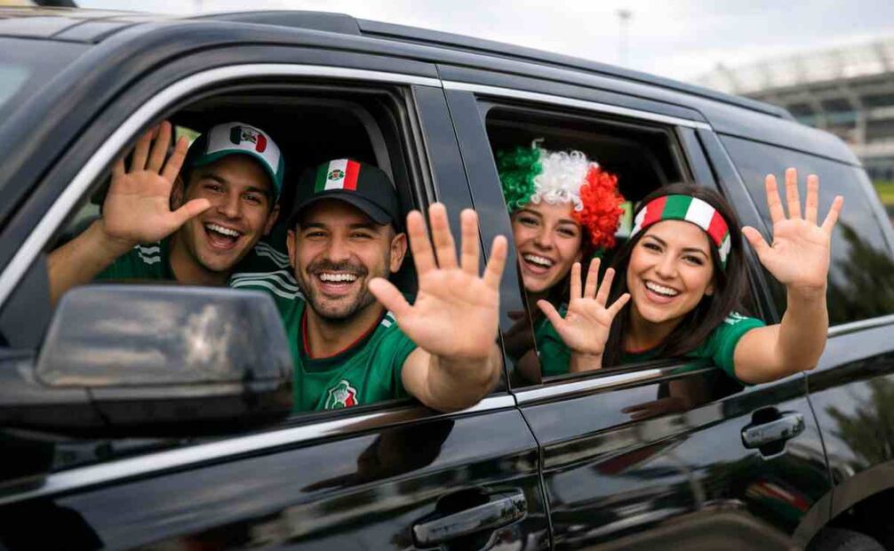 Aficoonados del futbol a bordo de una camioneta listos para el Mundial 2026 / Imagen creada con IA