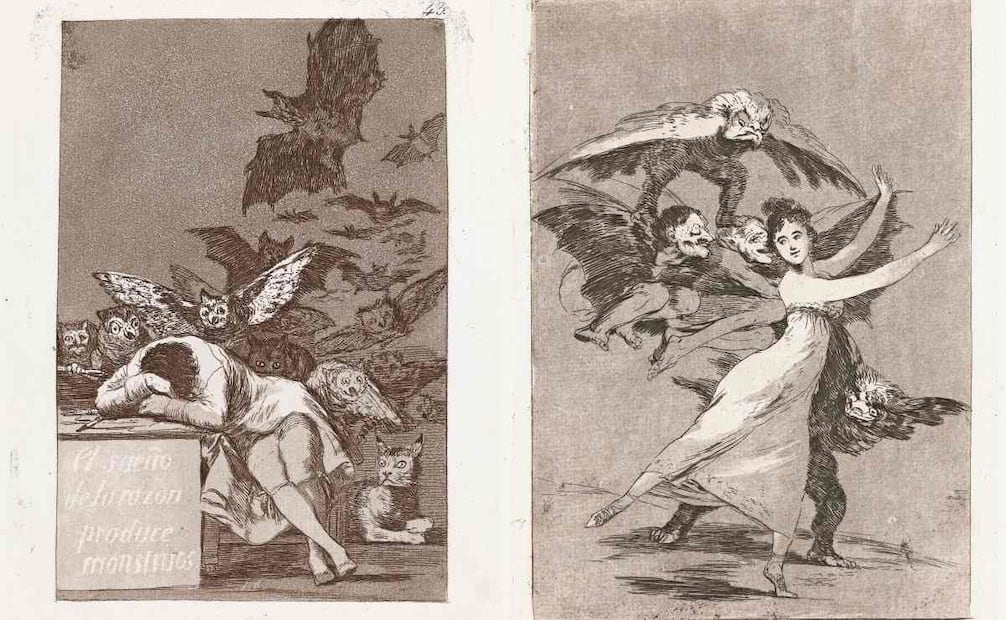 El sueño de la razón, produce monstruos y No te escaparás, también de Los Caprichos. Foto: “Goya. La obra gráfica completa”