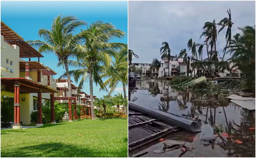Complejo Terrasol Acapulco Diamante antes y después del huracán Otis. Foto: Captura tomada de la página oficial de Terrasol y X @fernandezsouzas