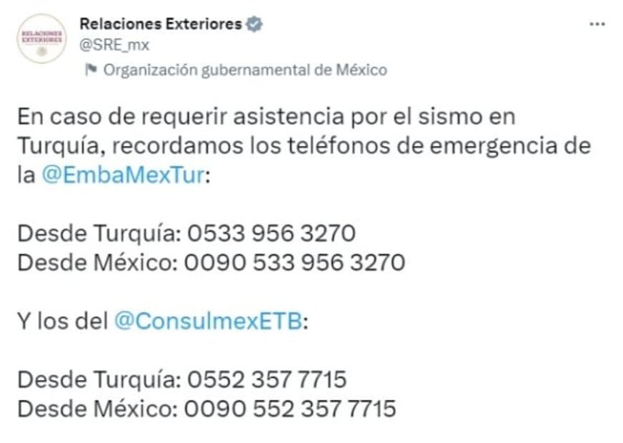 México envía su solidaridad a Turquía tras sismo de 7.8 