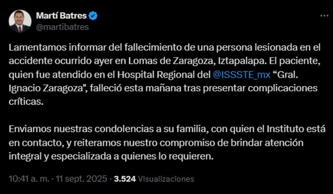 Martí Batres informó sobre el fallecimiento de la persona a través de redes sociales. Foto: captura de pantalla