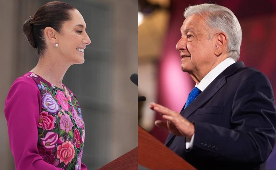 La presidenta Claudia Sheinbaum durante su informe por los 100 días de administración / El expresidente Andrés Manuel López Obrador durante una de sus mañaneras. Fotos: Presidencia