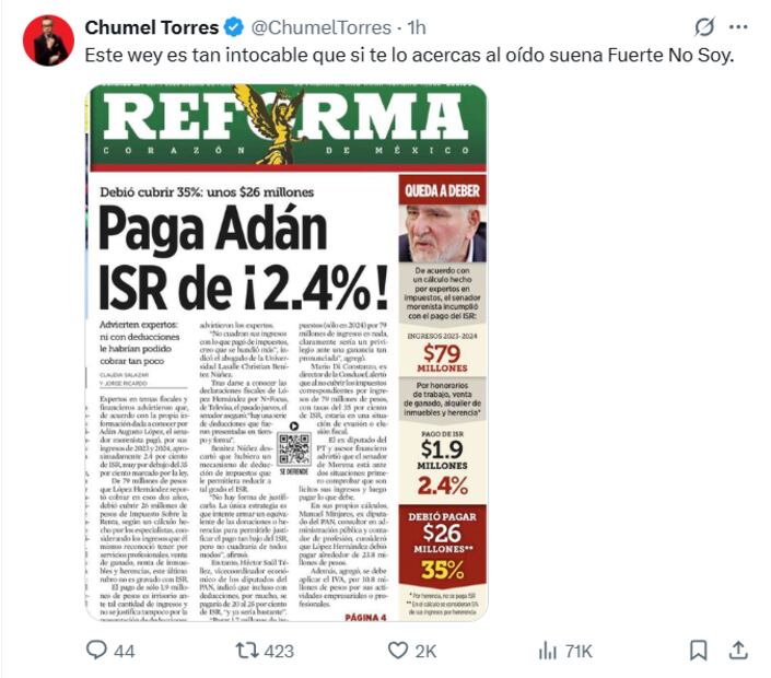 Chumel Torres lanza comentario irónico en redes sociales a Adán Augusto. Foto: Captura de pantalla