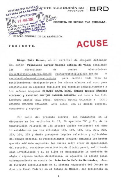 García Cabeza de Vaca demanda a juez que emitió orden de aprehensión en su contra