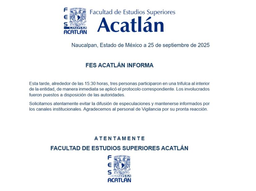 Detienen a tres estudiantes de FES Acatlán por participar en enfrentamiento violento dentro de instalaciones. (Imagen: especial)