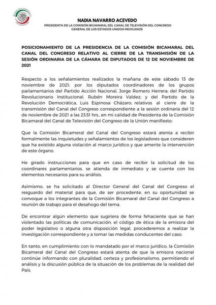 Comisión Bicamaral, lista para recibir queja formal contra director del Canal del Congreso