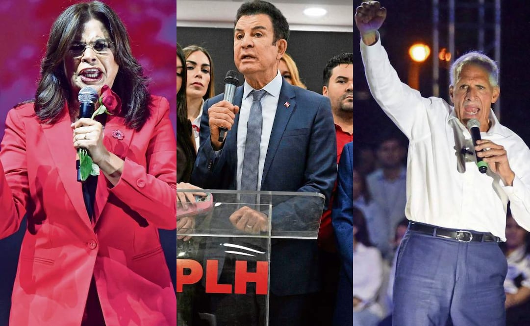 Rixi Moncada, Salvador Nasralla y Nasry Asfura, candidatos a la presidencia de Honduras. Fotos: Orlando Sierra / AFP