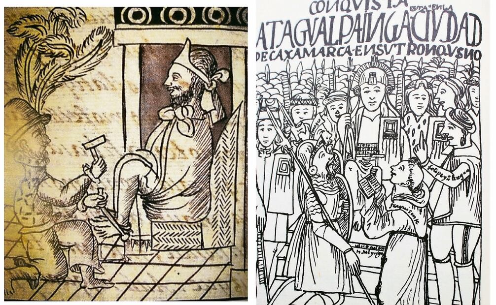-Un español pone grilletes a Moctezuma, Códice Florentino, fol. 56r, Biblioteca Medicea Laurenziana, Florencia. - El encuentro y captura del Inca en Cajamarca. Aparecen Pizarro, Valverde y Atahualpa en un dibujo de Phelipe Guamán Poma de Ayala. Imágenes del libro “Moctezuma y Atahualpa: vida, pasión y muerte de dos gobernantes”.