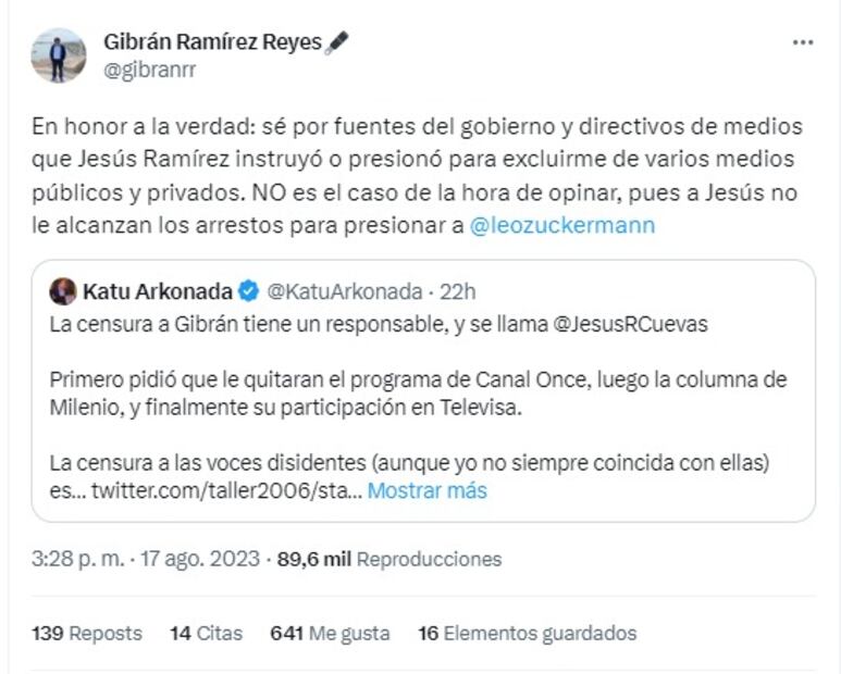 Gibrán Ramírez tweet sobre salida de Es La Hora de Opinar