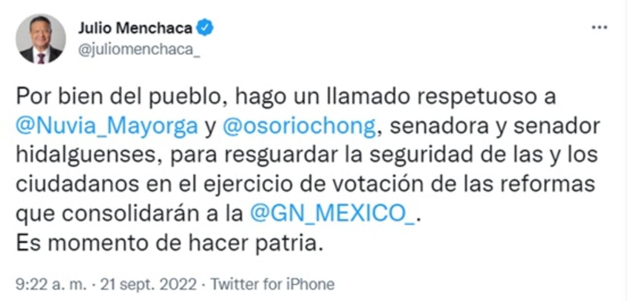 Julio Menchaca llama a "hacer patria" a Osorio Chong y votar a favor de reforma militar