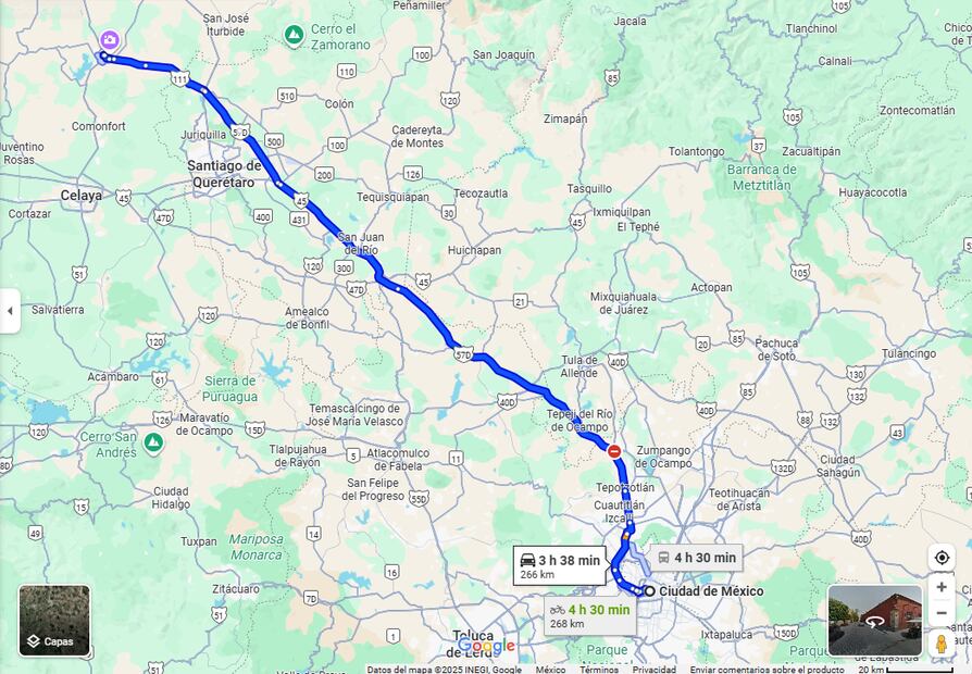 Ruta a San Miguel de Allende en auto. Foto: Google Maps