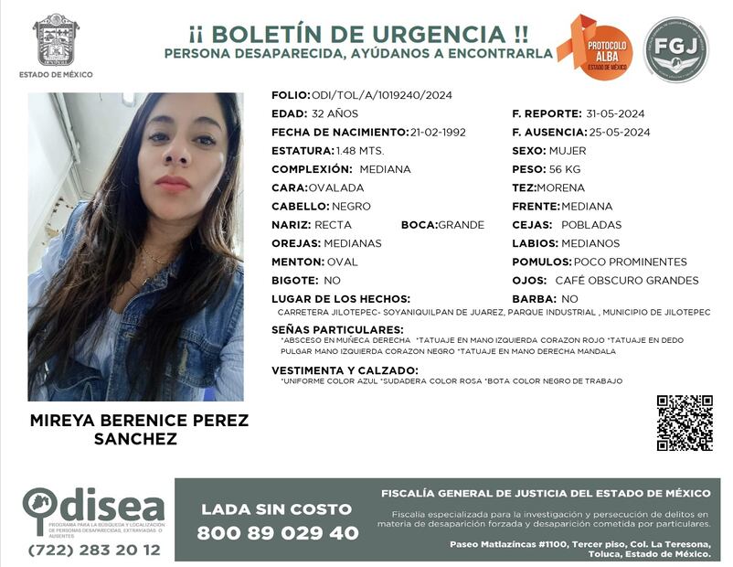 Buscan a Mireya Berenice Pérez, desaparecida al salir de trabajar en Jilotepec, Edomex. Foto: Especial