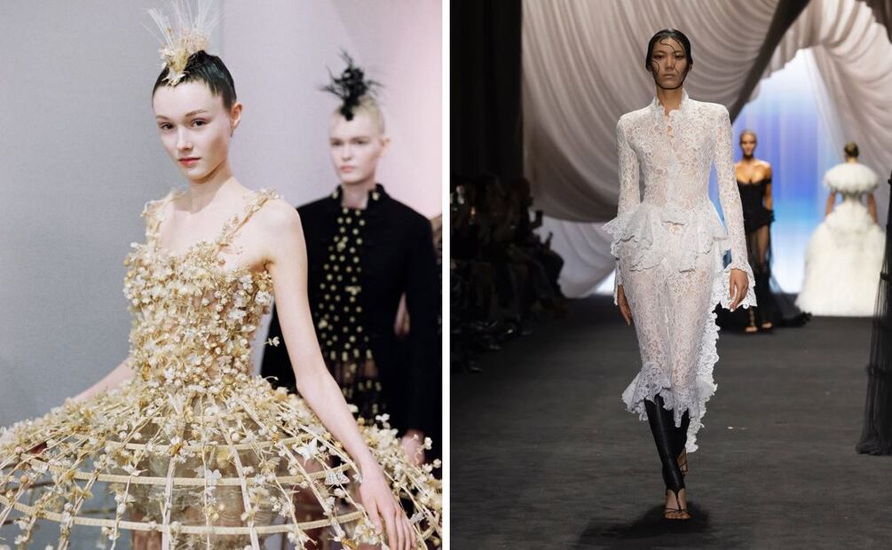 Diseños de Alta Costura presentados en enero (primavera-verano 2025) de Dior, por Maria Grazia Chiuri, y Jean Paul Gaultier, por Ludovic de Saint Sernin. Foto: Especial. Instagram @dior @jeanpaulgaultier