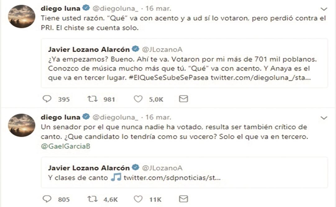 Los actores Gael García y Diego Luna increparon al senador Javier Lozano, luego de que se mofara de una crítica hecha al gobierno. (TOMADA DE TWITTER)