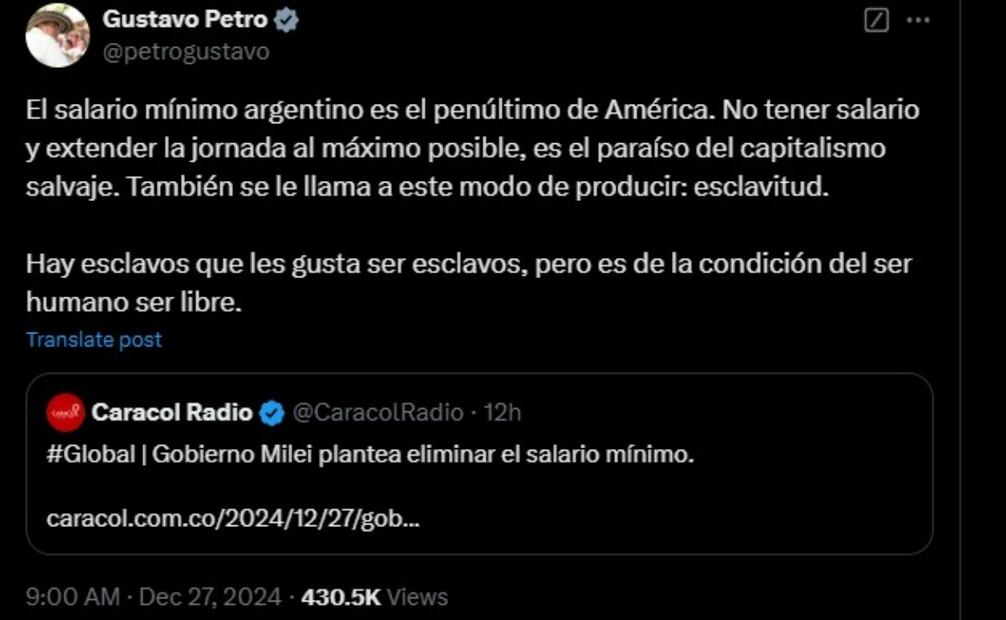 Gustavo Petro habla sobre la desaparición del salario mínimo en Argentina. (27/12/24) Foto: Captura de Pantalla