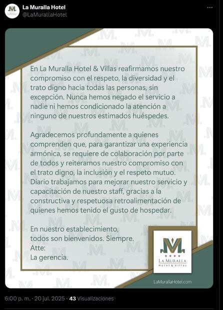 El hotel “La Muralla Hotel & Villas” negó actos de discriminación tras la polémica con la drag queen "Ramooona",  y aseguró su compromiso con la diversidad. Foto: Captura de pantalla