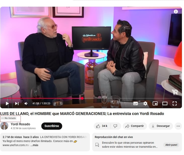 La entrevista, publicada en 2022, continúa activa pero en modo "no listado", lo que significa que no cualquiera puede acceder a ella. Foto: YouTube.