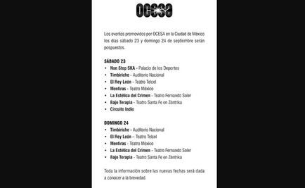 Entérate. Espectáculos cancelados este fin de semana por sismo