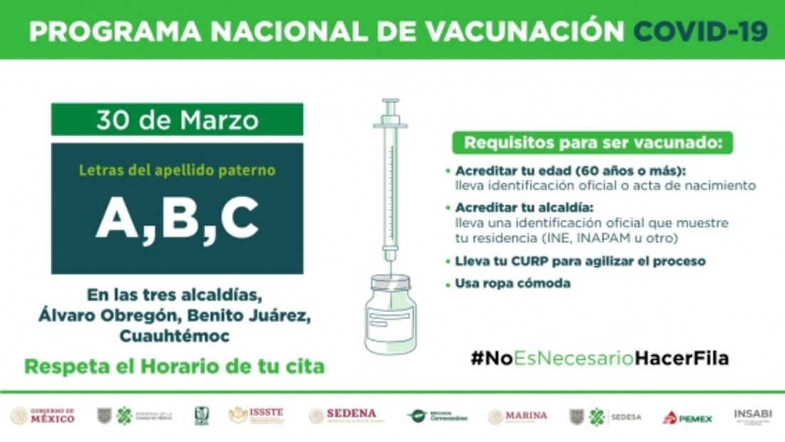 Inicia vacunación de adultos mayores contra Covid-19 en Álvaro Obregón, Benito Juárez y Cuauhtémoc