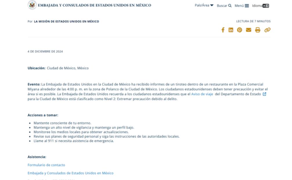 La Embajada de Estados Unidos en México alertó a sus ciudadanos sobre un tiroteo en un restaurante de Polanco, CDMX, ocurrido alrededor de las 4:00 p.m. en la Plaza Miyana, que resultó en una muerte. Foto: Captura de pantalla