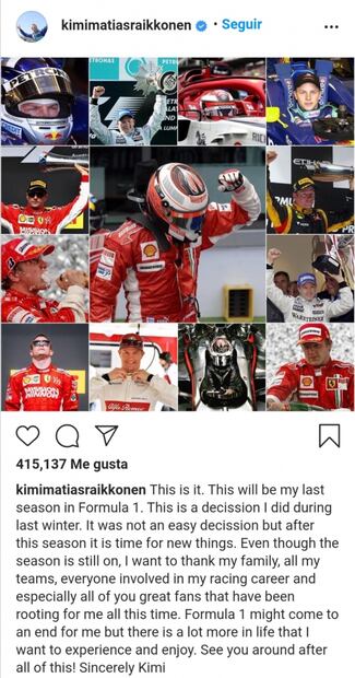 Kimi Räikkönen anuncia su retiro de la F1 al término de esta temporada