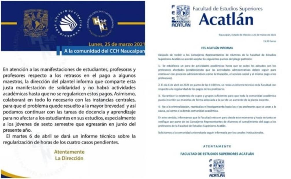 CCH Naucalpan y FES Acatlán se van a paro por adeudo salarial a profesores