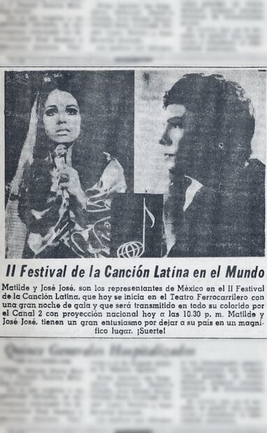 Matilde y José José como representantes de México. Algunos artistas de la “nueva ola” se desilusionaron por quedar fuera del festival, pues sólo se permitió la entrada de “verdaderos cantantes” con respaldo de la industria. Foto: Hemeroteca EL UNIVERSAL.