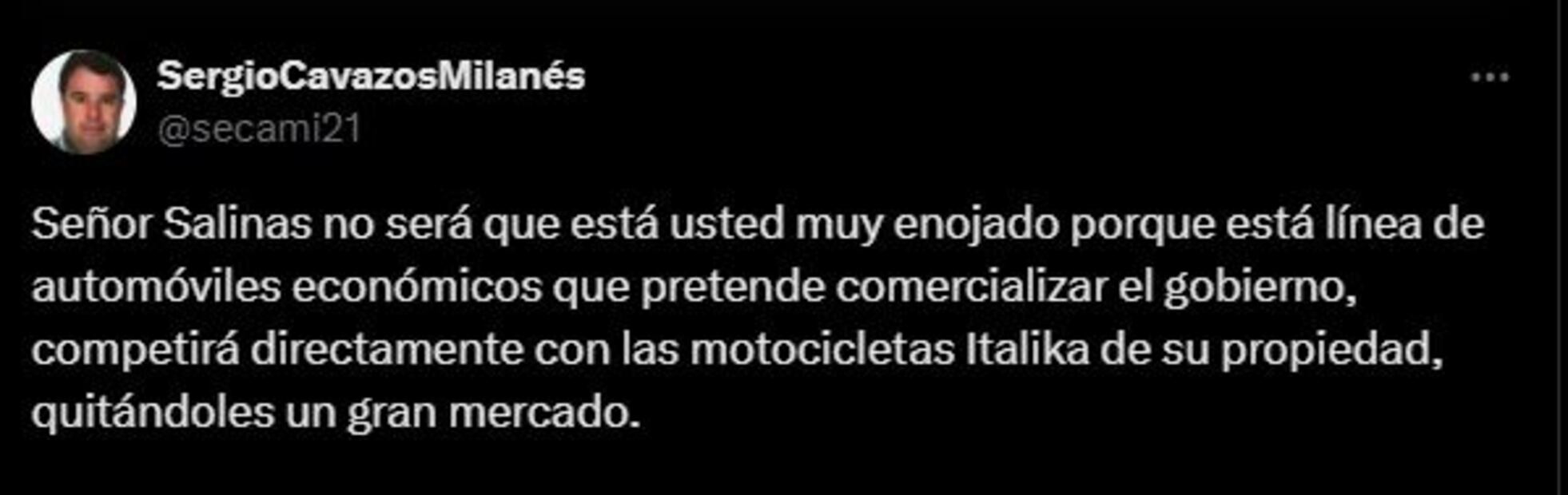 Salinas Pliego explota tras comparación de motos Italika con auto eléctrico Olinia. Foto: Captura de pantalla