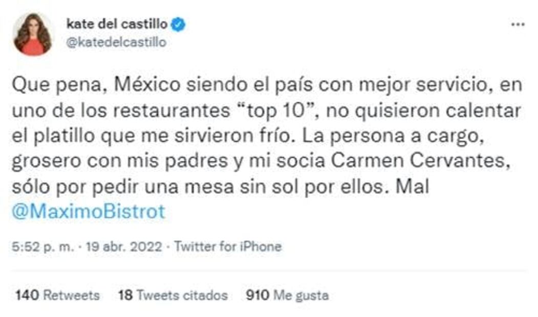 Esto es lo que cuesta comer en el restaurante a donde fue Kate del Castillo