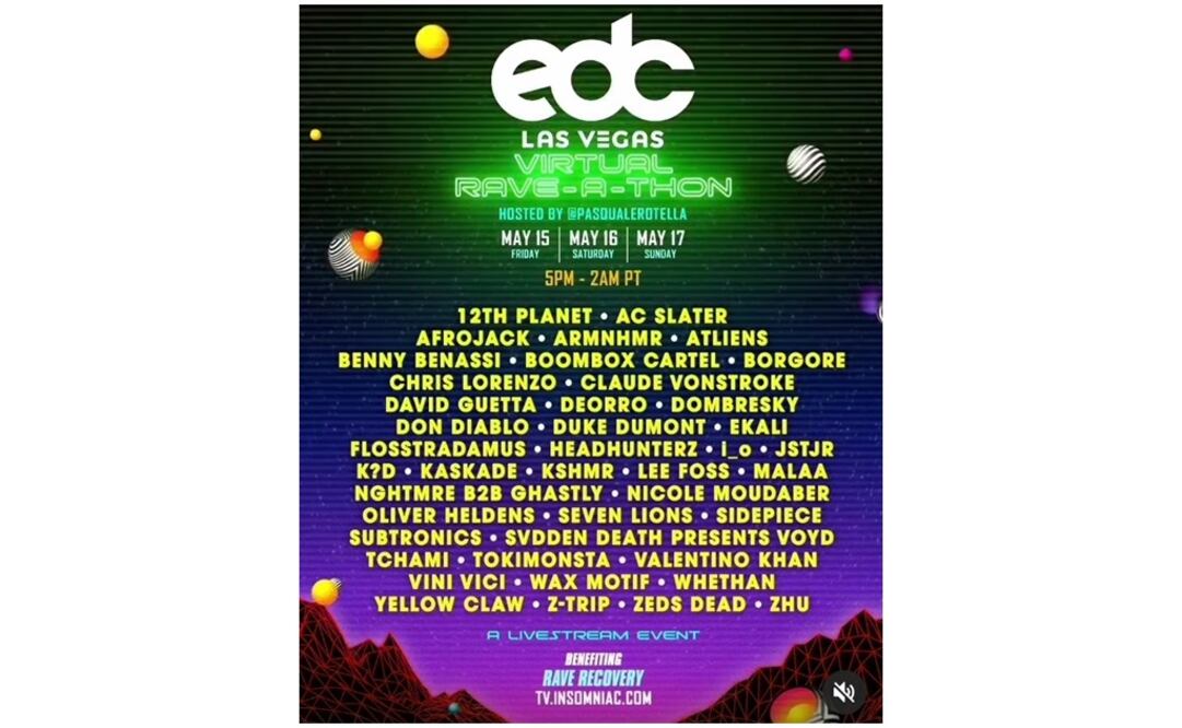 EDC las Vegas reveló su line up para su nueva fiesta maratónica virtual. FOTO: Instagram @edc_mexico