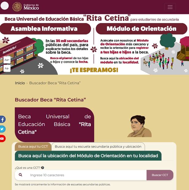 Módulo de orientación para la beca Rita Cetina. Foto: Captura de pantalla de la página oficial del Gobierno de México