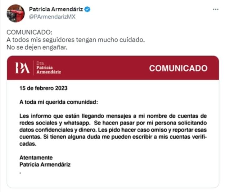 Hacen estafas a nombre de Patricia Armendáriz; "no se dejen engañar", alerta