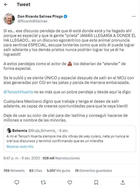 Ricardo Salinas Pliego mostró su descontento con Tenoch Huerta. Foto: Captura de pantalla tomada de Twitter