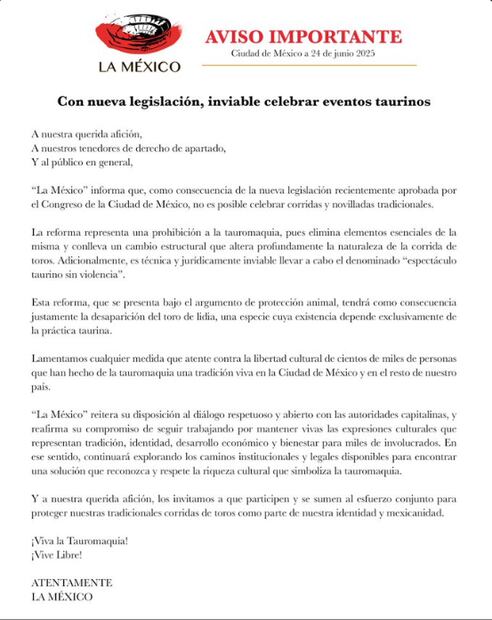 El comunicado de la Plaza México sobre la nueva legislación capitalina / Foto: Especiales