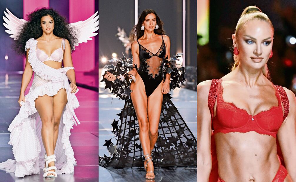 Devyn García desfiló con alas rosas y una falda asimétrica. Irina Shayk deslumbró con un look repleto de estrellas, de cola y estola. Con un conjunto rojo, la modelo sudafricana Candice Swanepoel también portó alas. Fotos: AP y AFP