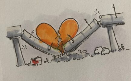 Un corazón partido y tres ilustraciones de rabia y tristeza por accidente en Metro Olivos