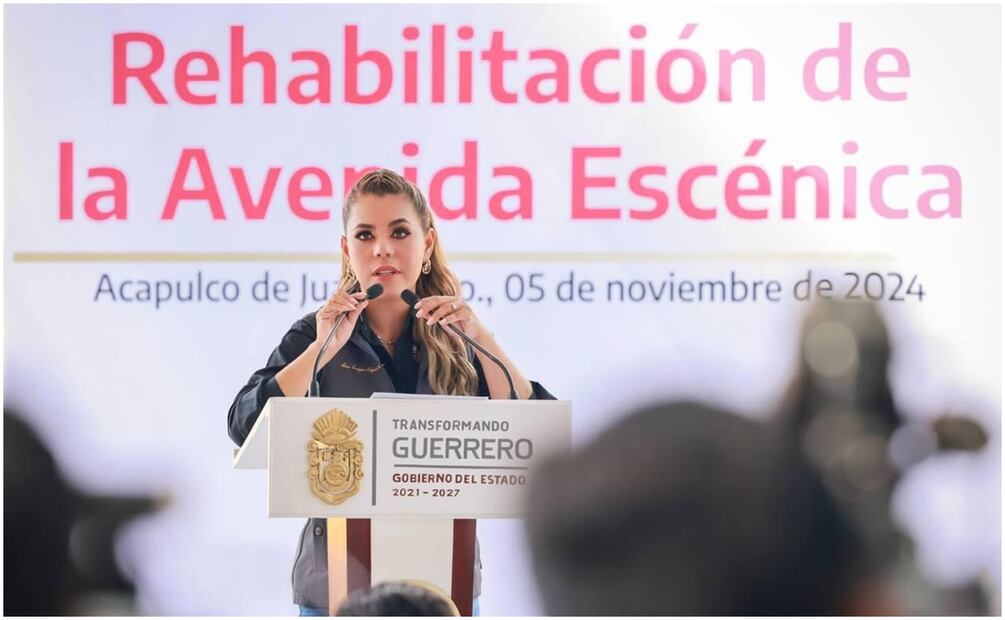 Gobernadora Evelyn Salgado Pineda durante conferencia para iniciar trabajos de rehabilitación de Avenida Escénica en Acapulco, Guerrero (5/11/2024). Foto: Especial