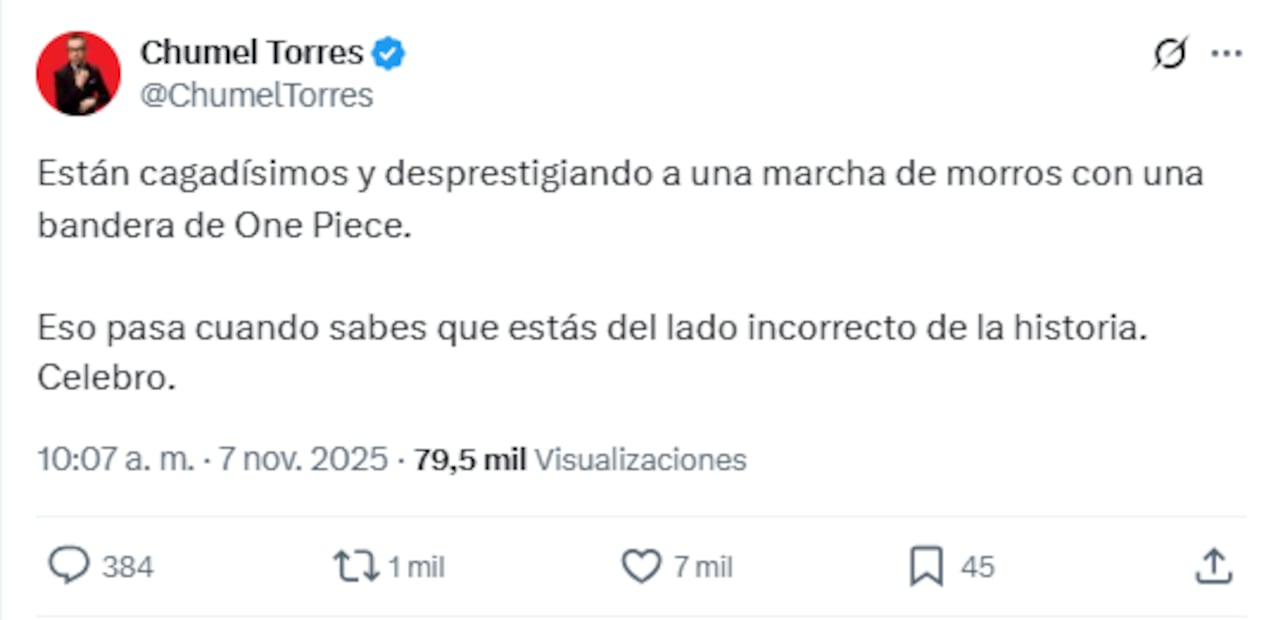 El presentador mexicano mostró su postura frente a la marcha convocada para el 15 de noviembre. Foto: Captura de pantalla @ChumelTorres