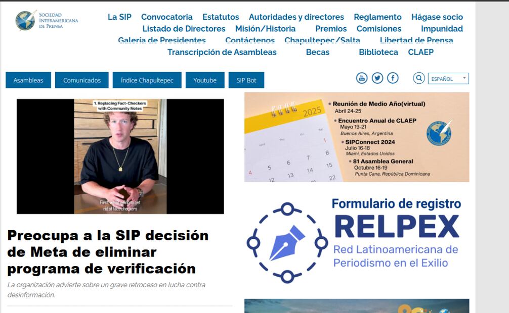 SIP criticó duramente la decisión de Meta de reemplazar su programa de verificación profesional por un sistema de "notas comunitarias", calificándola como un "grave retroceso" en la lucha contra la desinformación. (08/01/25) Foto: Captura de Pantalla