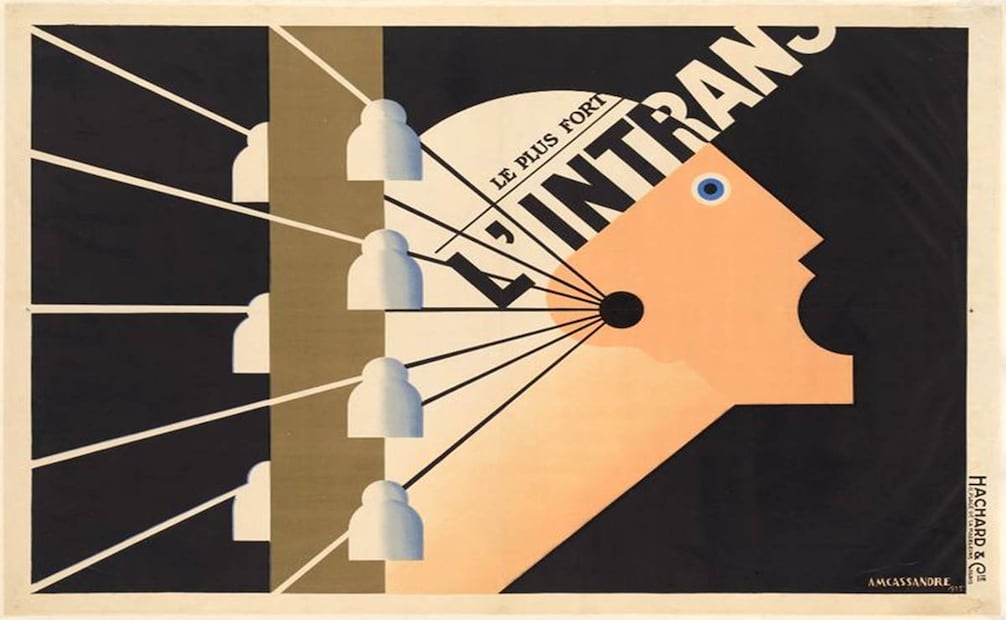 Esta propaganda (1925) del diario “El Instransigente” de Francia, elaborada por Cassandre, representa a una persona conmocionada mientras recibe información del público que le rodea. Pinterest.