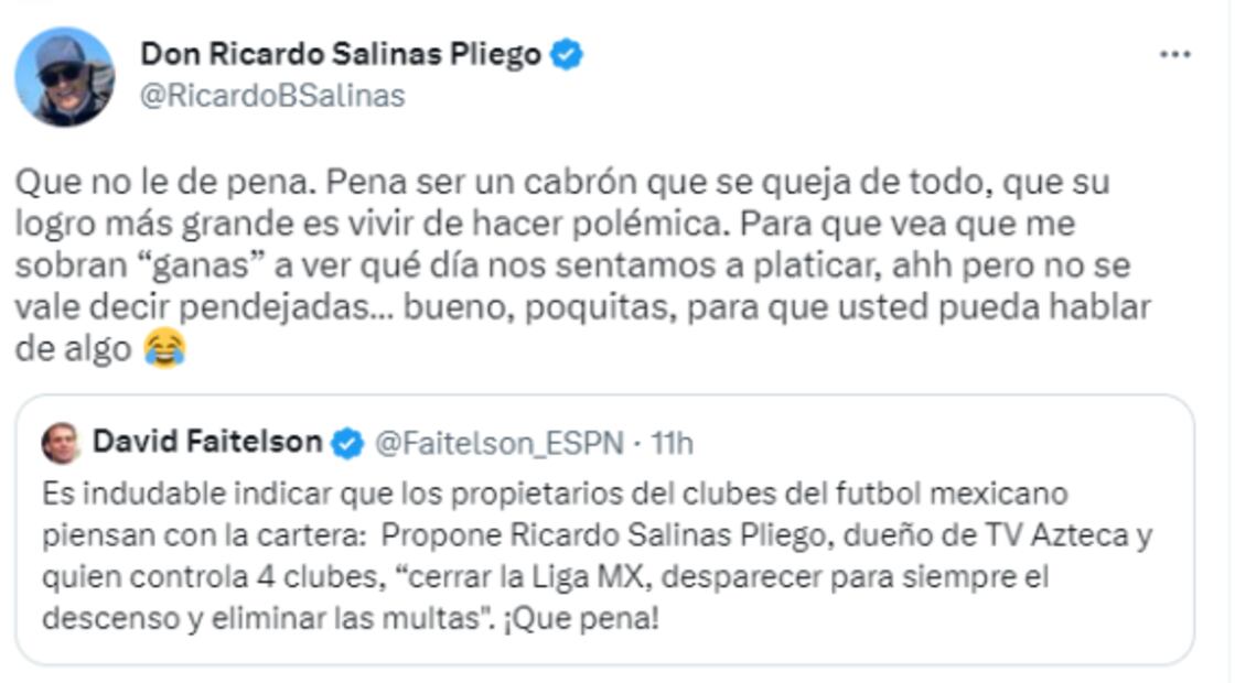 Ricardo Salinas Pliego explota contra David Faitelson: "Tu logro es vivir de polémica"