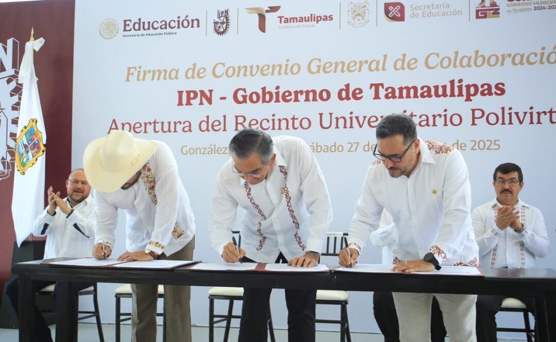El gobernador, Américo Villarreal; el director del Instituto Politécnico Nacional, Arturo Reyes y el alcalde, Miguel Alejandro Zúñiga en la inauguración del Recinto Universitario Polivirtual. Foto: Especial