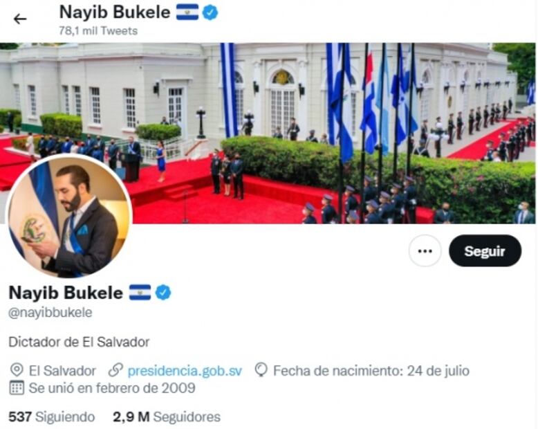 Presidente Nayib Bukele cambia su biografía en Twitter por "dictador de El Salvador"