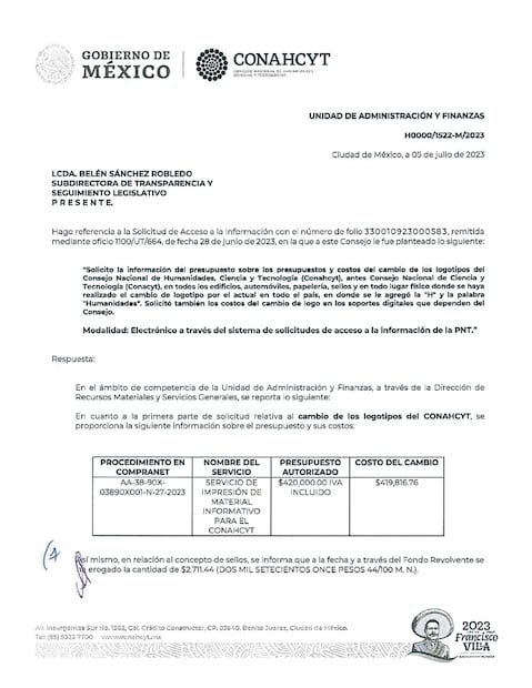 Respuesta a la solicitud de información 330010923000583, tramitada
el 28 de junio pasado en la Plataforma Nacional de Transparencia. Foto: Especial