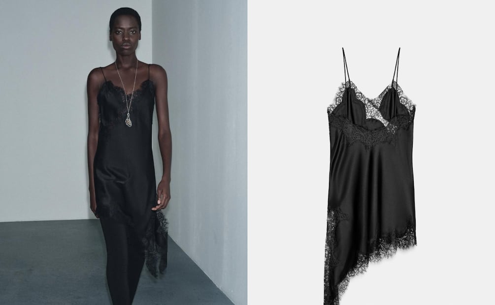Vestido satinado con encaje y abertura asimétrica, ideal para recrear el efecto lencero. Foto: Zara