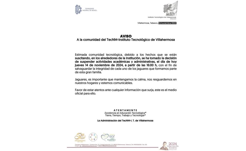 Suspenden clases en Instituto Tecnológico de Villahermosa tras la violencia de este jueves en Tabasco (14/11/2024). Foto: Especial