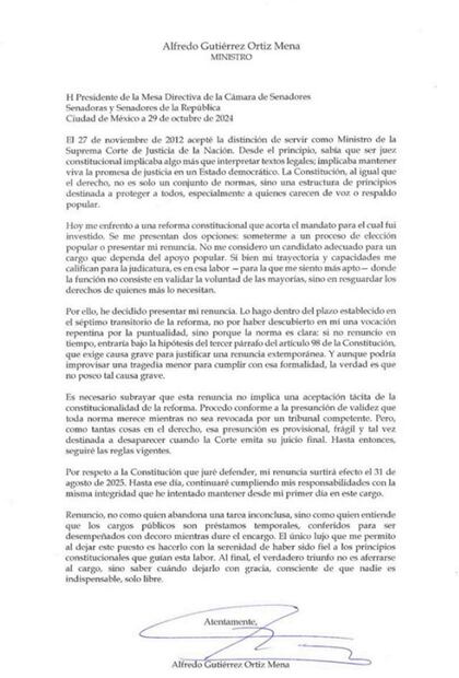 Carta de renuncia del ministro Alfredo Gutiérrez Mena. Foto: Especial