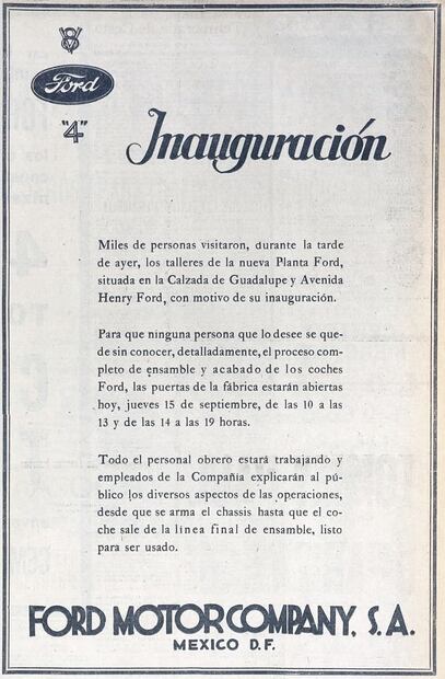 Anuncio de la Ford Motor Company del 15 de septiembre de 1932, con una invitación abierta para visitar su nueva planta en Calzada de Guadalupe. Foto: Hemeroteca EL UNIVERSAL.